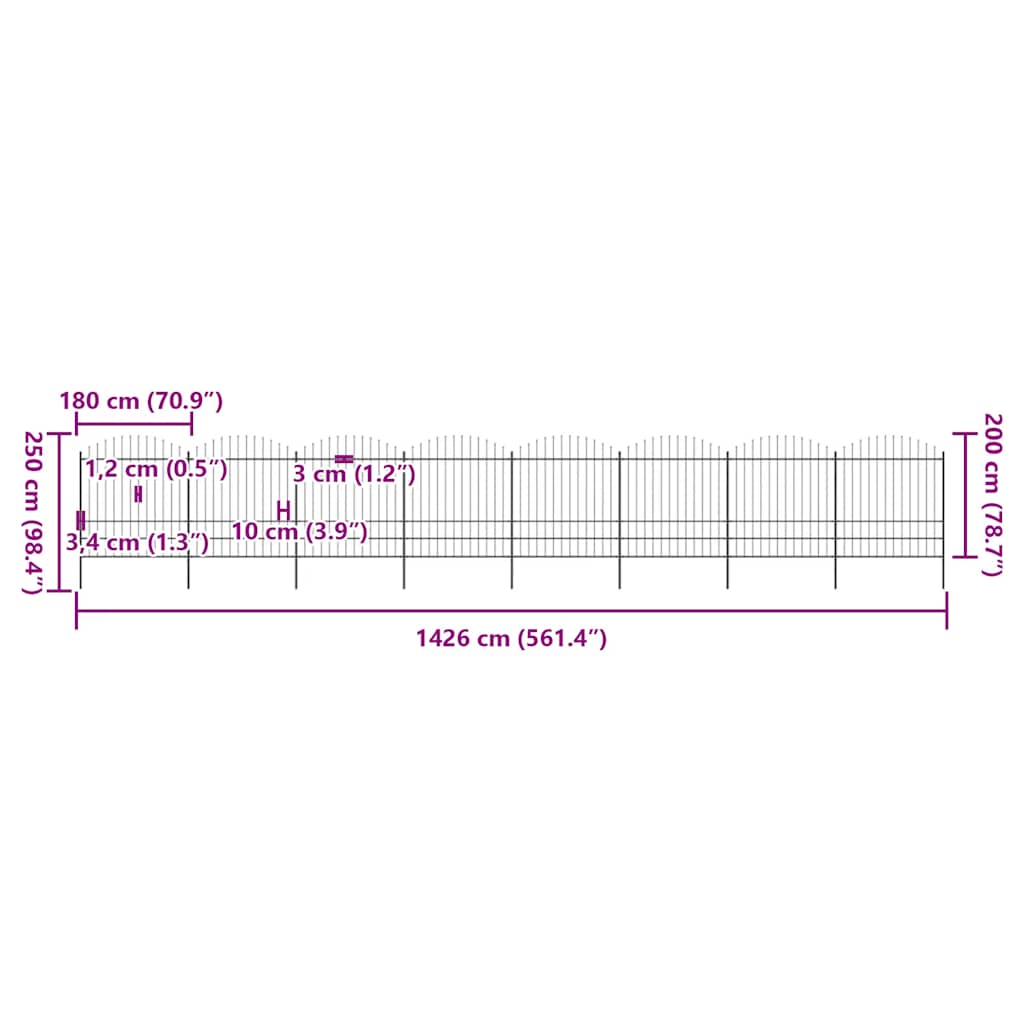 havehegn med spydtop stål 1426x200 cm sort