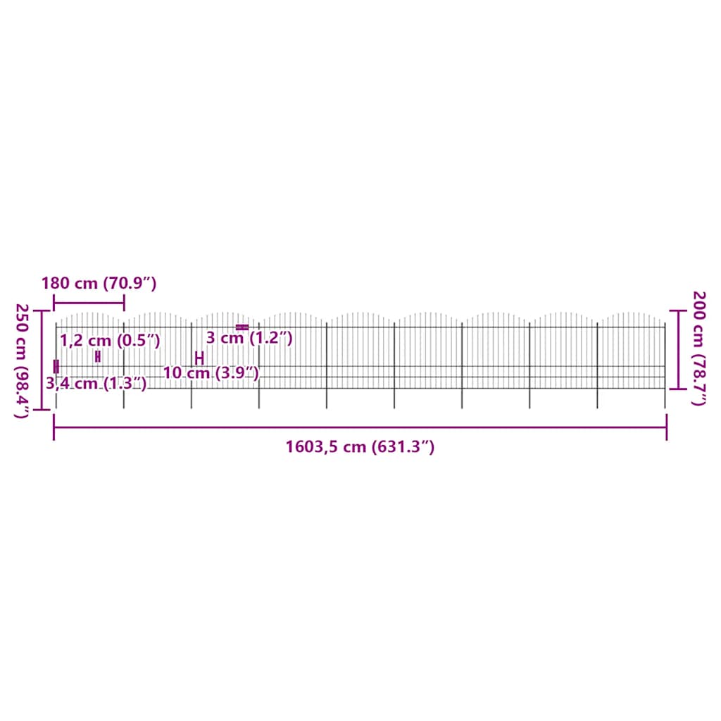 havehegn med spydtop stål 1603,5x200 cm sort