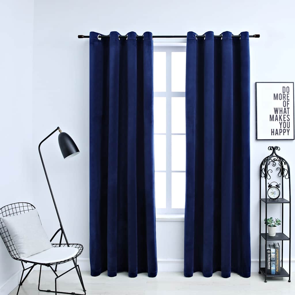 mørklægningsgardiner 2 stk. ringe 140 x 175 cm fløjl mørkeblå