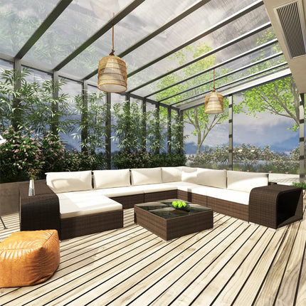 loungesæt til haven 10 dele med hynder polyrattan brun