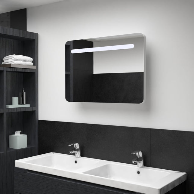 badeværelsesskab med spejl + LED-lys 80x9,5x55 cm