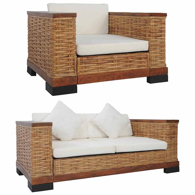 sofasæt 2 dele med hynder naturlig rattan brun