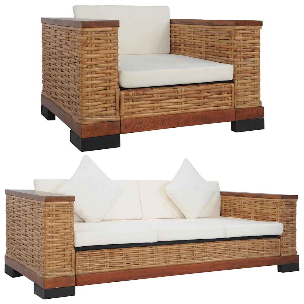 sofasæt 2 dele med hynder naturlig rattan brun