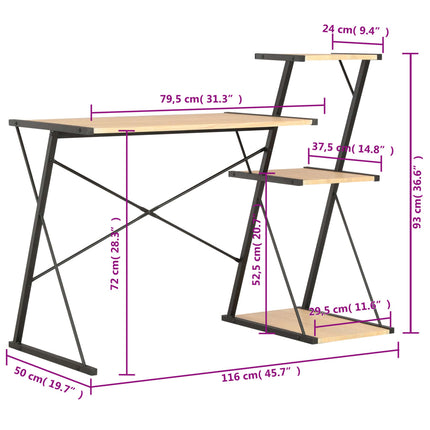 skrivebord med hylde 116x50x93 cm sort og egetræsfarve