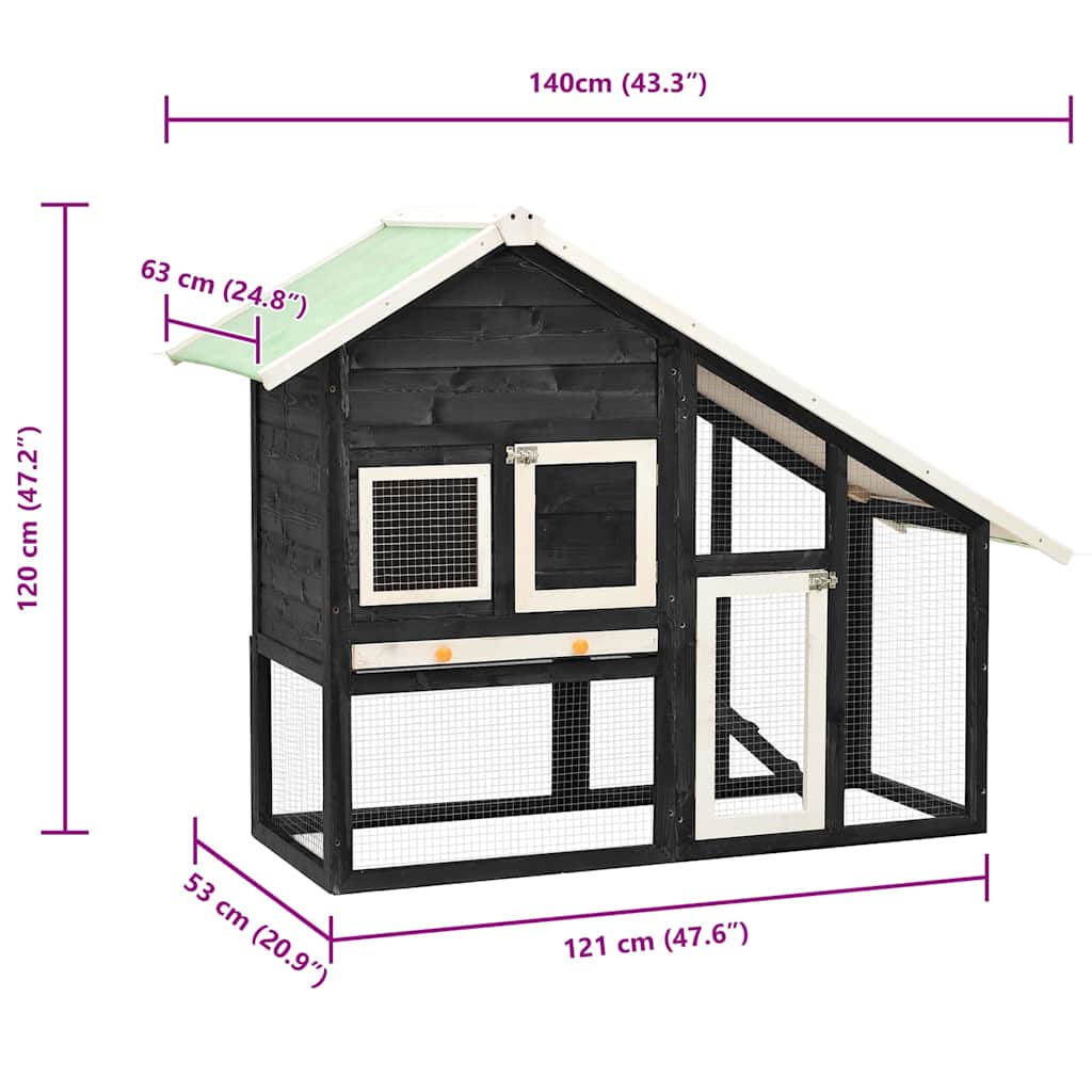 kaninbur 140x63x120 cm massivt fyrretræ grå og hvid