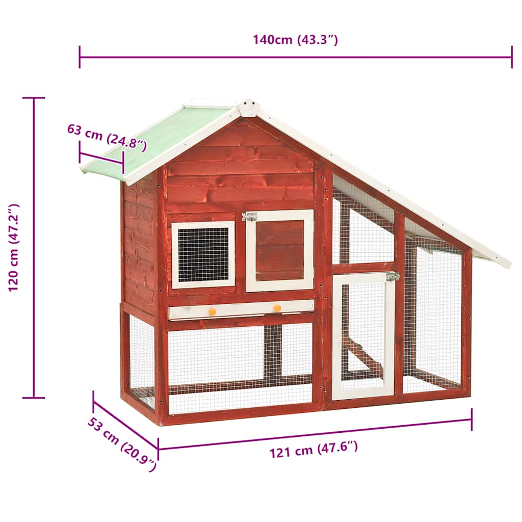 kaninbur 140x63x120 cm massivt fyrretræ rød og hvid