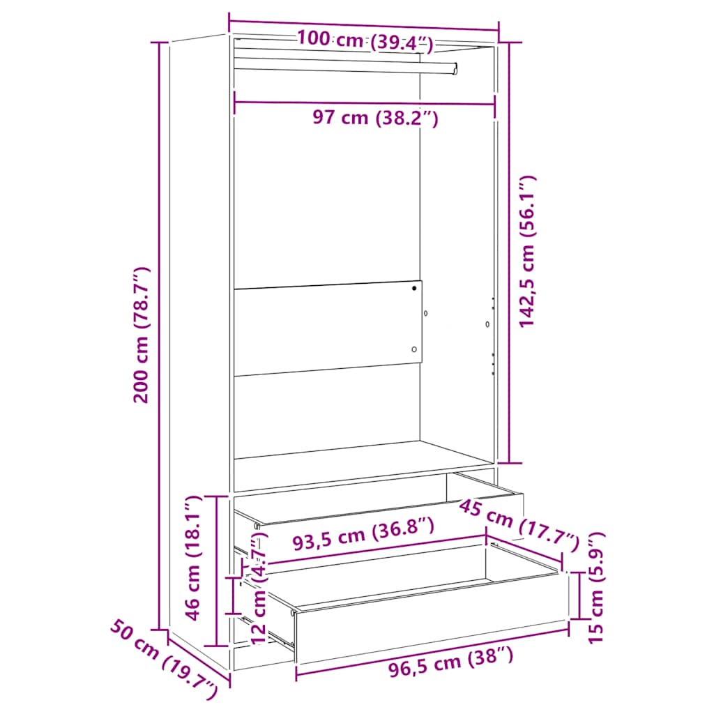 klædeskab 100x50x200 cm konstrueret træ hvid