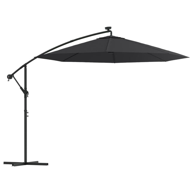 hængeparasol m. LED-lys og stålstang 300 cm sort
