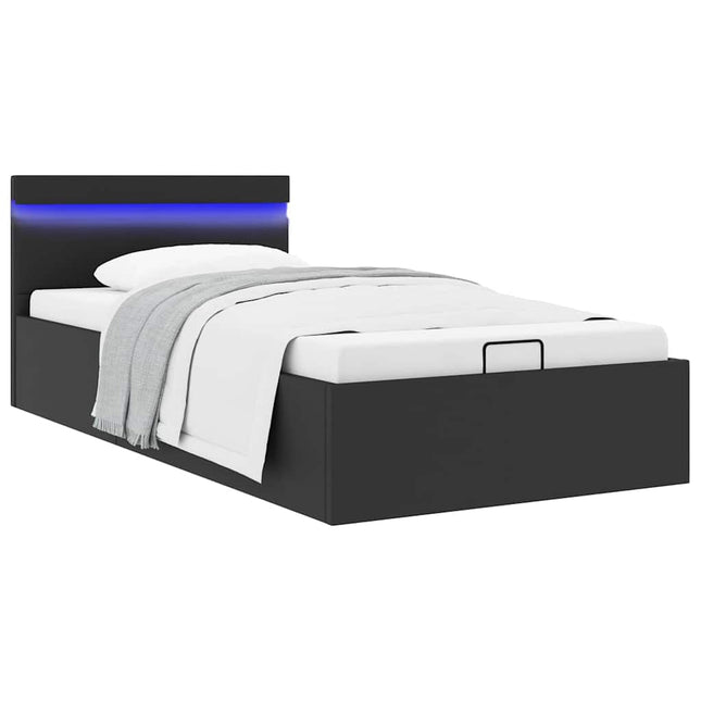hydraulisk opbevaringsseng med LED 90x200 cm kunstlæder sort