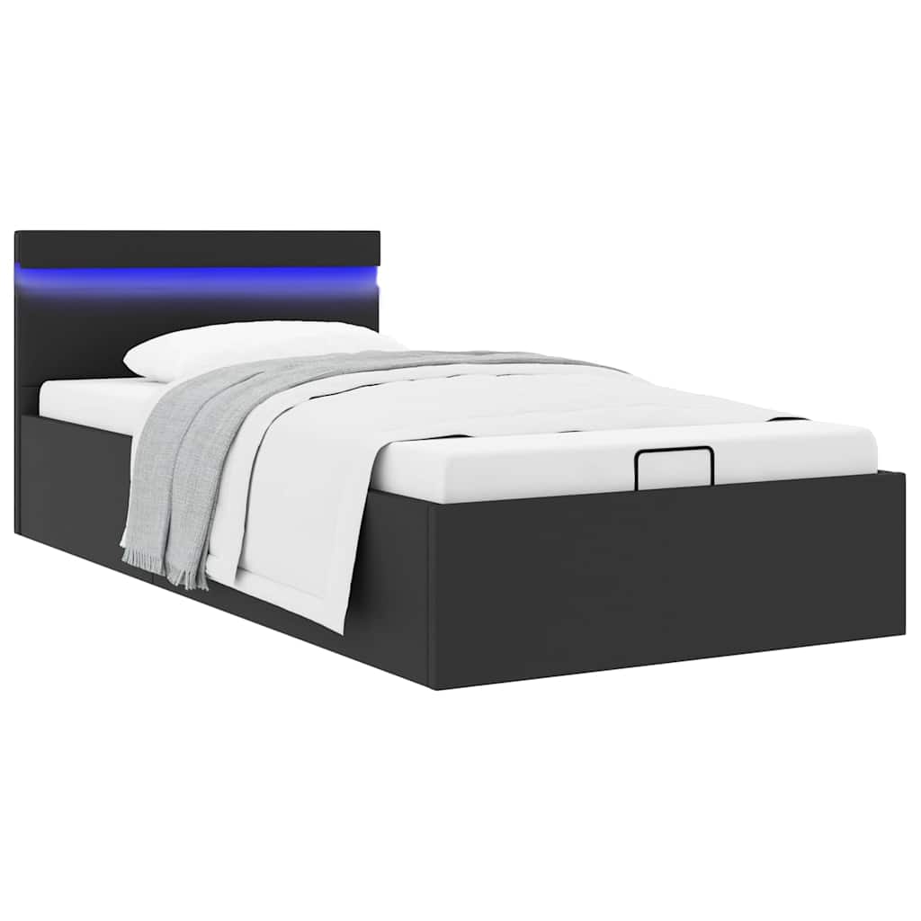 hydraulisk opbevaringsseng med LED 90x200 cm kunstlæder sort