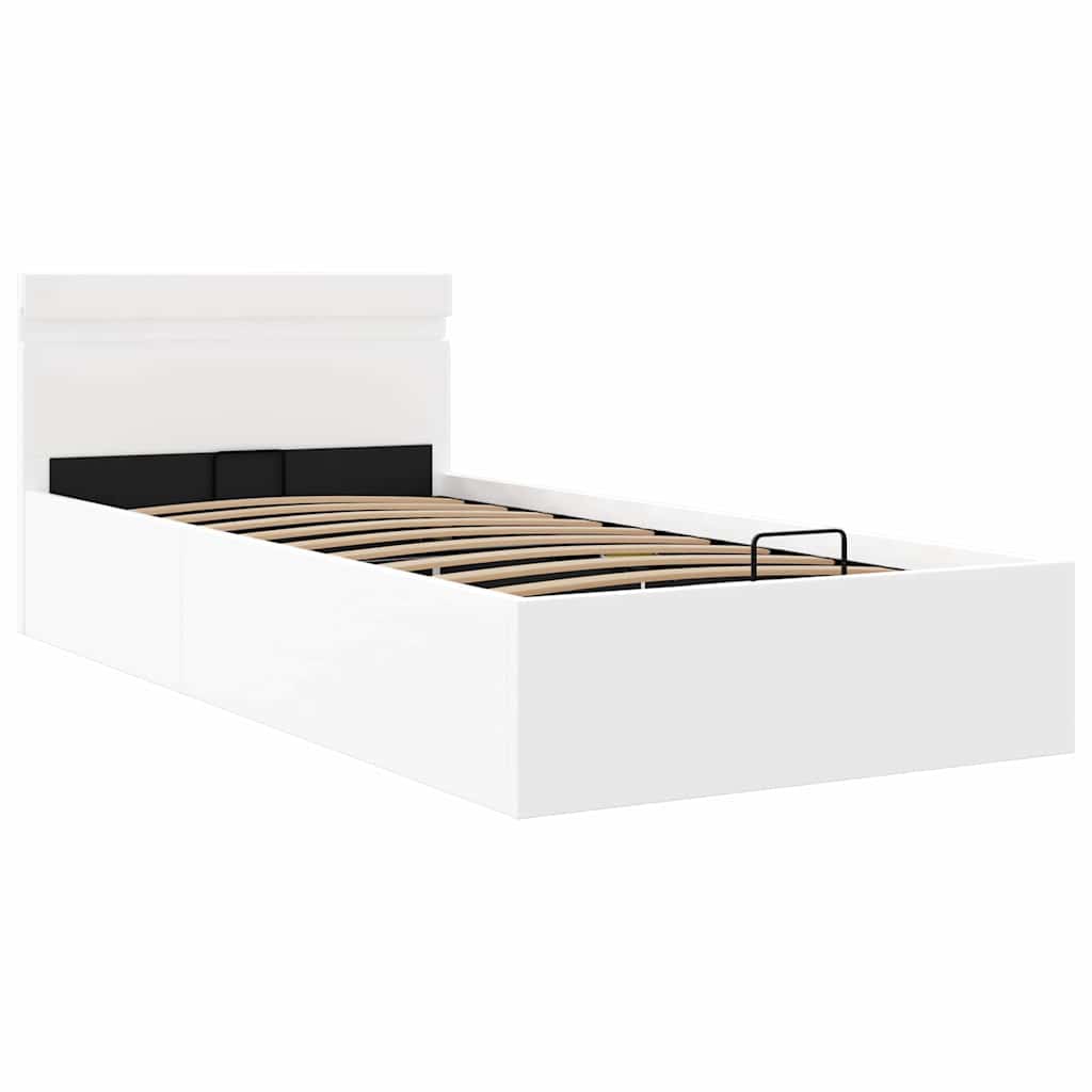 hydraulisk opbevaringsseng med LED 90x200 cm kunstlæder hvid