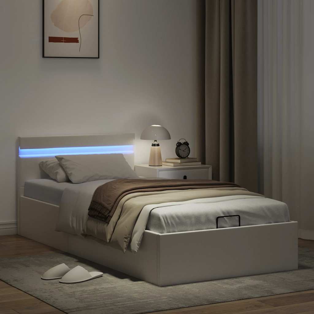 hydraulisk opbevaringsseng med LED 90x200 cm kunstlæder hvid