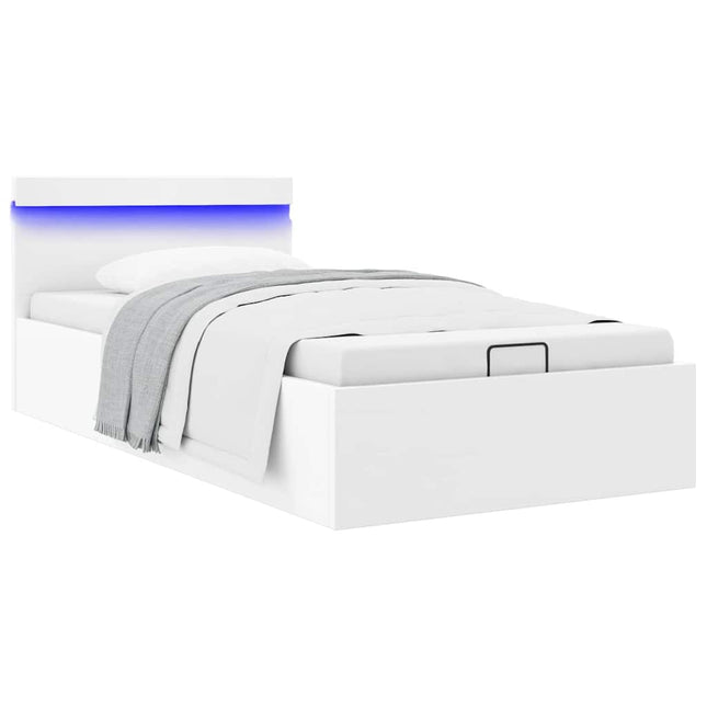 hydraulisk opbevaringsseng med LED 90x200 cm kunstlæder hvid
