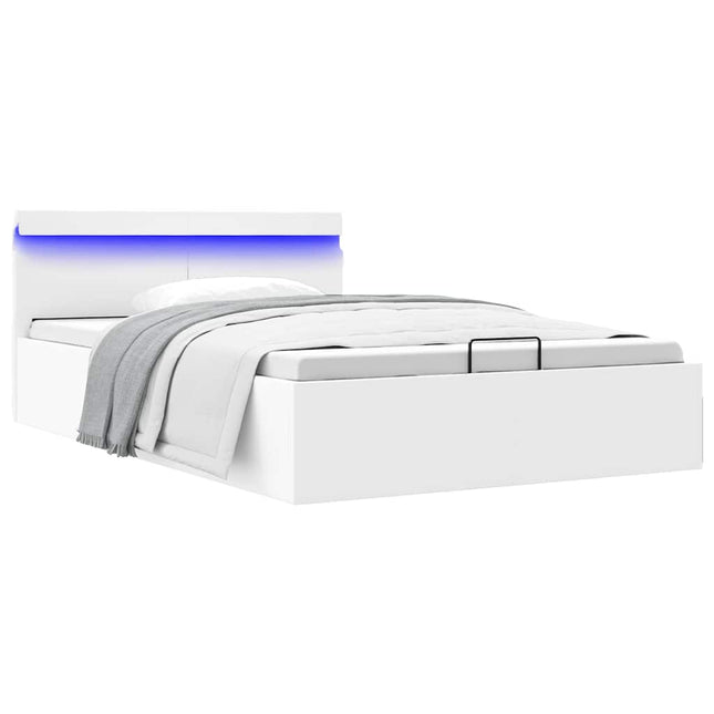 hydraulisk opbevaringsseng med LED 120x200 cm kunstlæder hvid