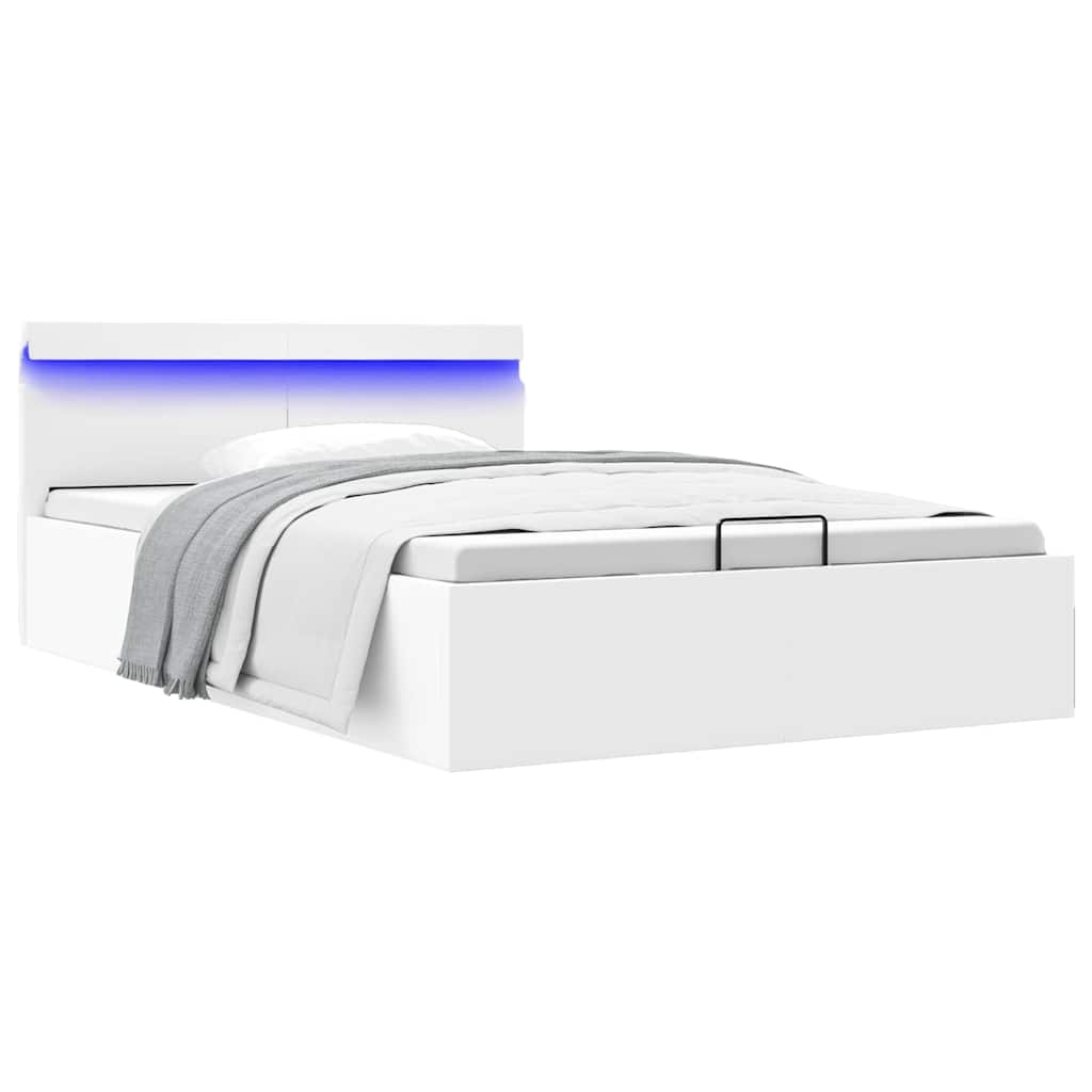 hydraulisk opbevaringsseng med LED 120x200 cm kunstlæder hvid