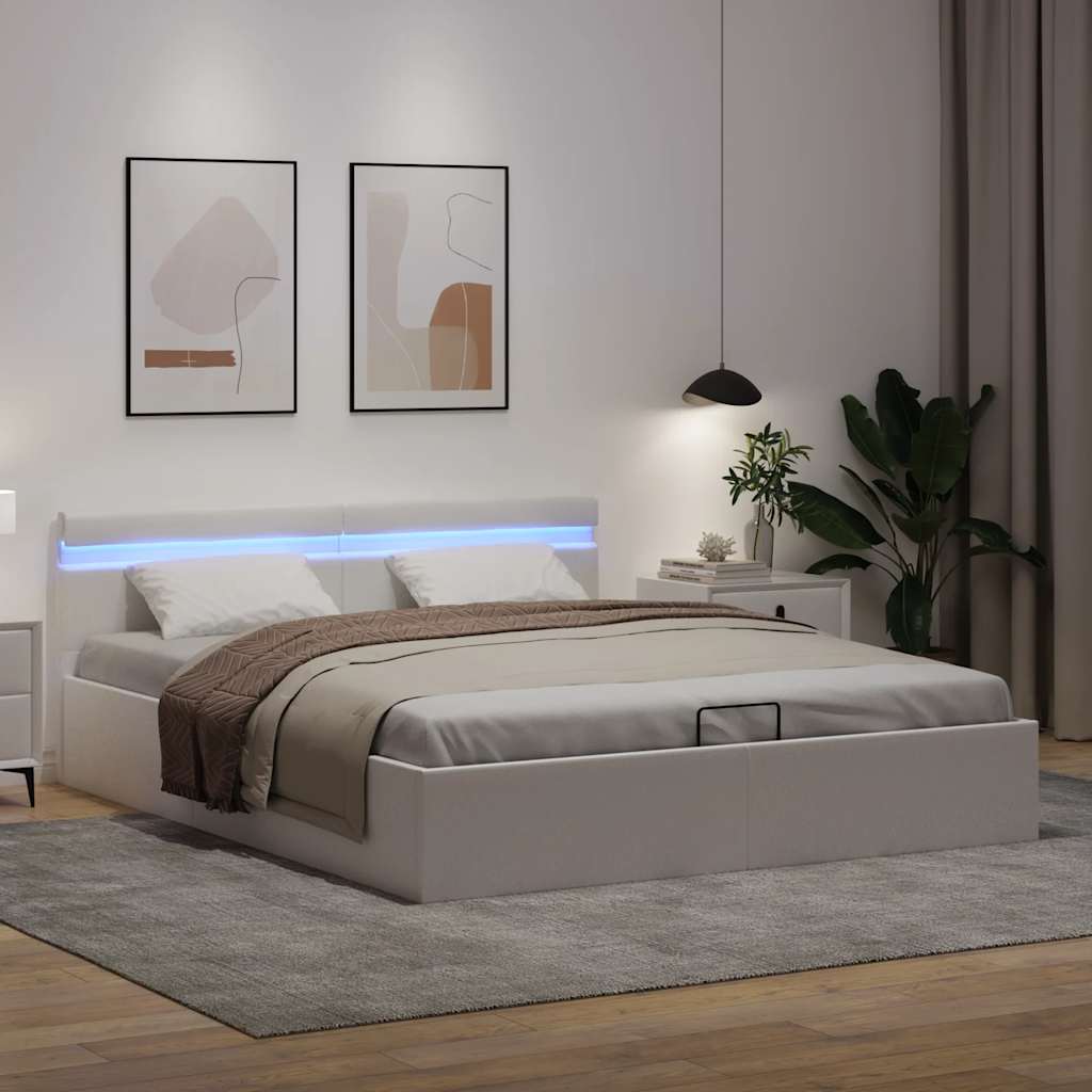 hydraulisk opbevaringsseng med LED 160x200 cm kunstlæder hvid
