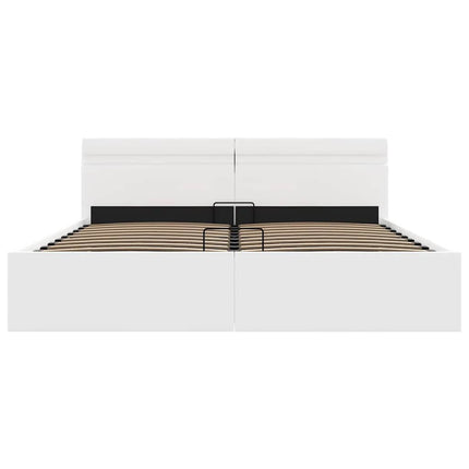 hydraulisk opbevaringsseng med LED 160x200 cm kunstlæder hvid