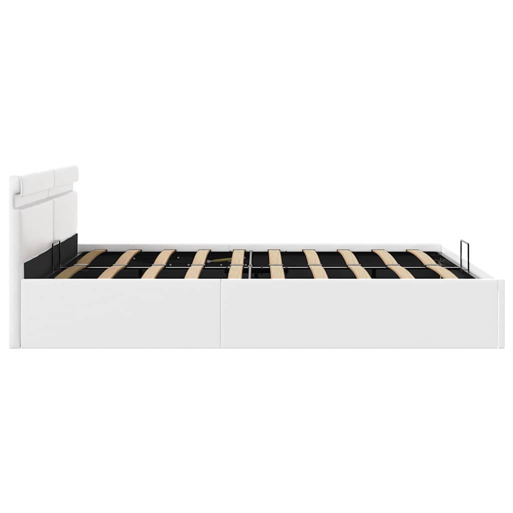 hydraulisk opbevaringsseng med LED 160x200 cm kunstlæder hvid