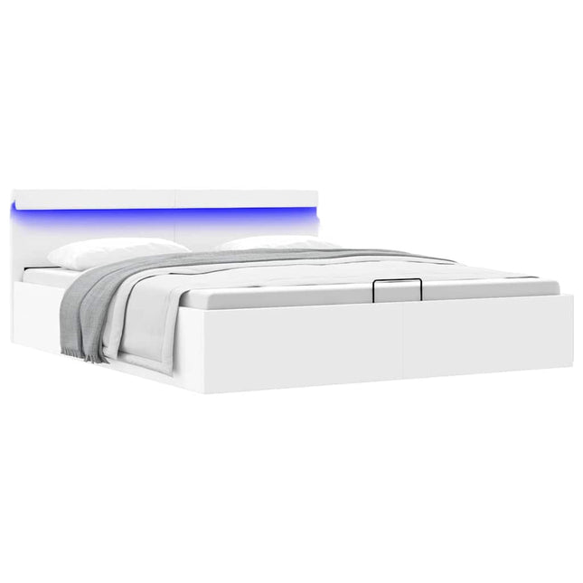 hydraulisk opbevaringsseng med LED 160x200 cm kunstlæder hvid