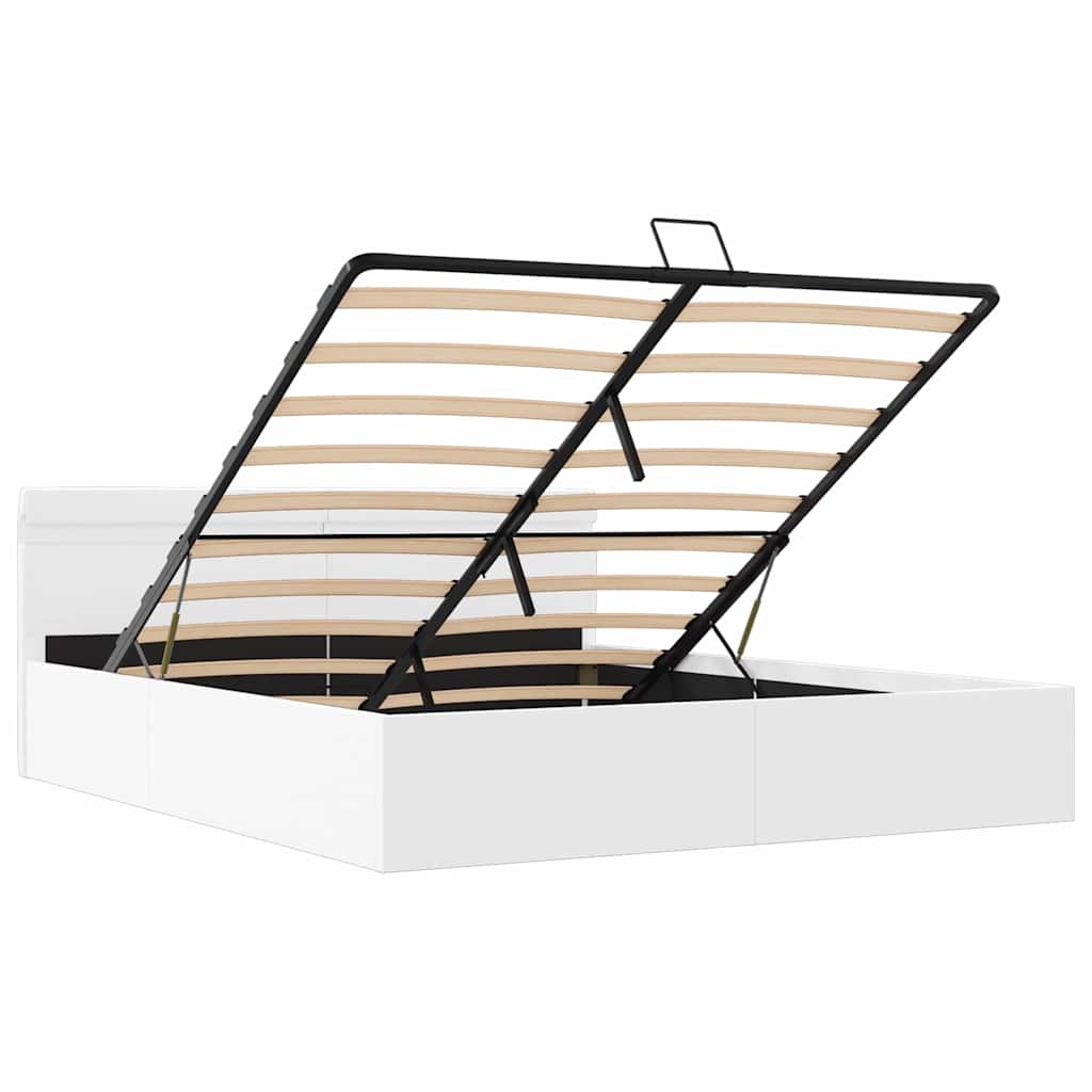 hydraulisk opbevaringsseng med LED 180x200 cm kunstlæder hvid