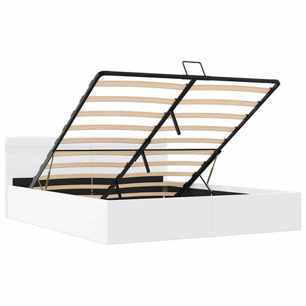 hydraulisk opbevaringsseng med LED 180x200 cm kunstlæder hvid