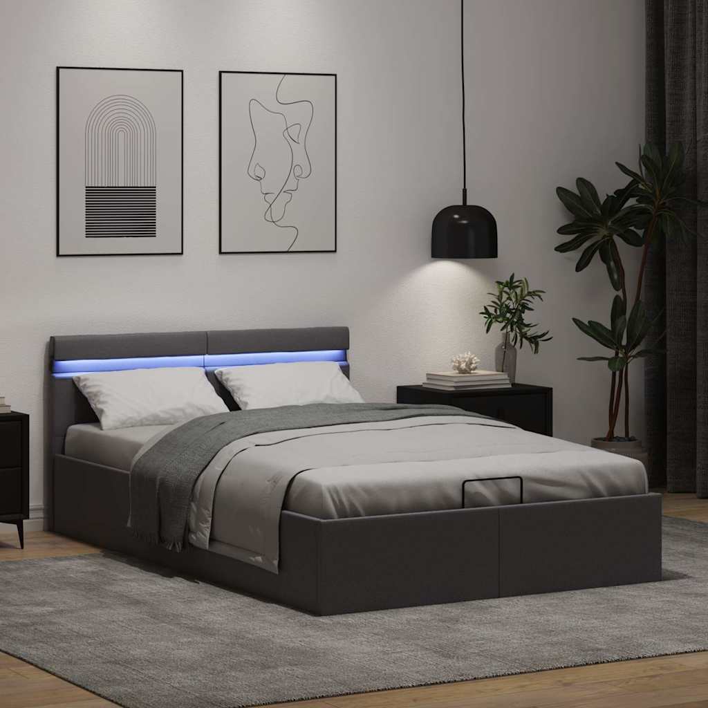 hydraulisk opbevaringsseng med LED 120x200 cm kunstlæder grå