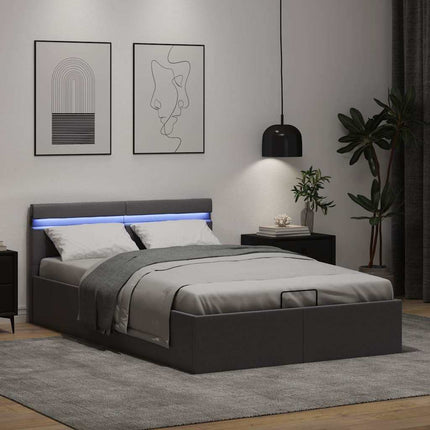 hydraulisk opbevaringsseng med LED 140x200 cm kunstlæder grå