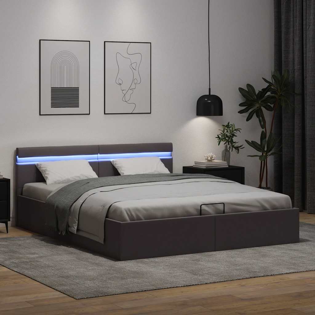 hydraulisk opbevaringsseng med LED 160x200 cm kunstlæder grå