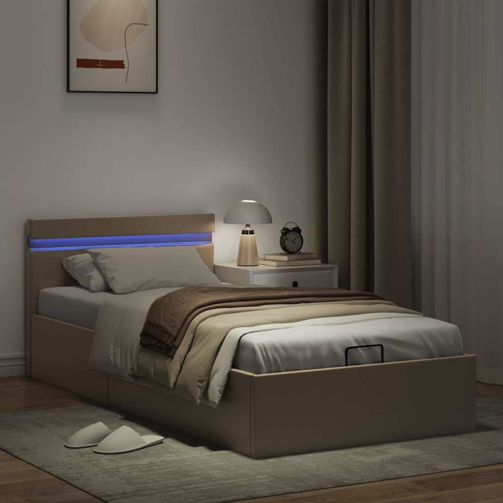 hydraulisk opbevaringsseng LED 90x200 cm kunstlæder cappuccino