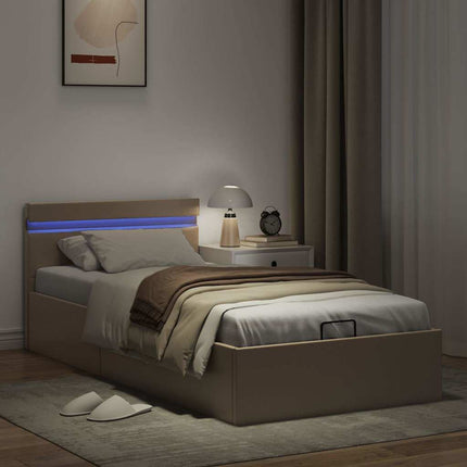 hydraulisk opbevaringsseng LED 90x200 cm kunstlæder cappuccino