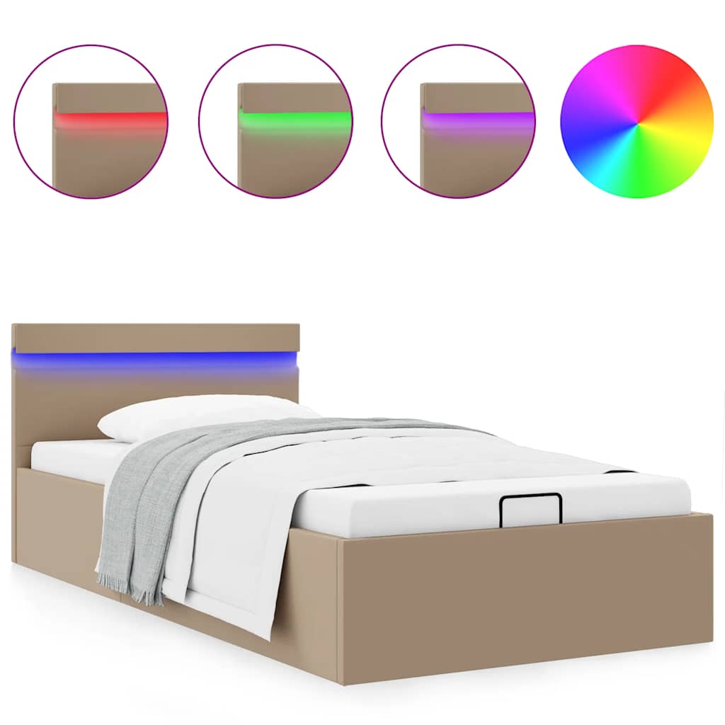 hydraulisk opbevaringsseng LED 100x200 cm kunstlæder cappuccino