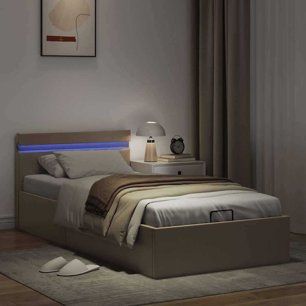 hydraulisk opbevaringsseng LED 100x200 cm kunstlæder cappuccino