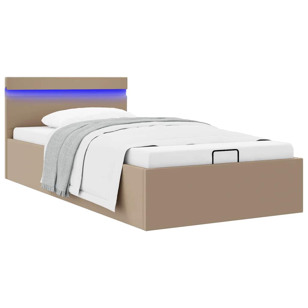 hydraulisk opbevaringsseng LED 100x200 cm kunstlæder cappuccino