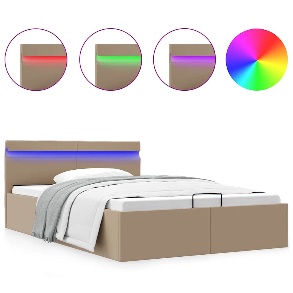 hydraulisk opbevaringsseng LED 140x200 cm kunstlæder cappuccino