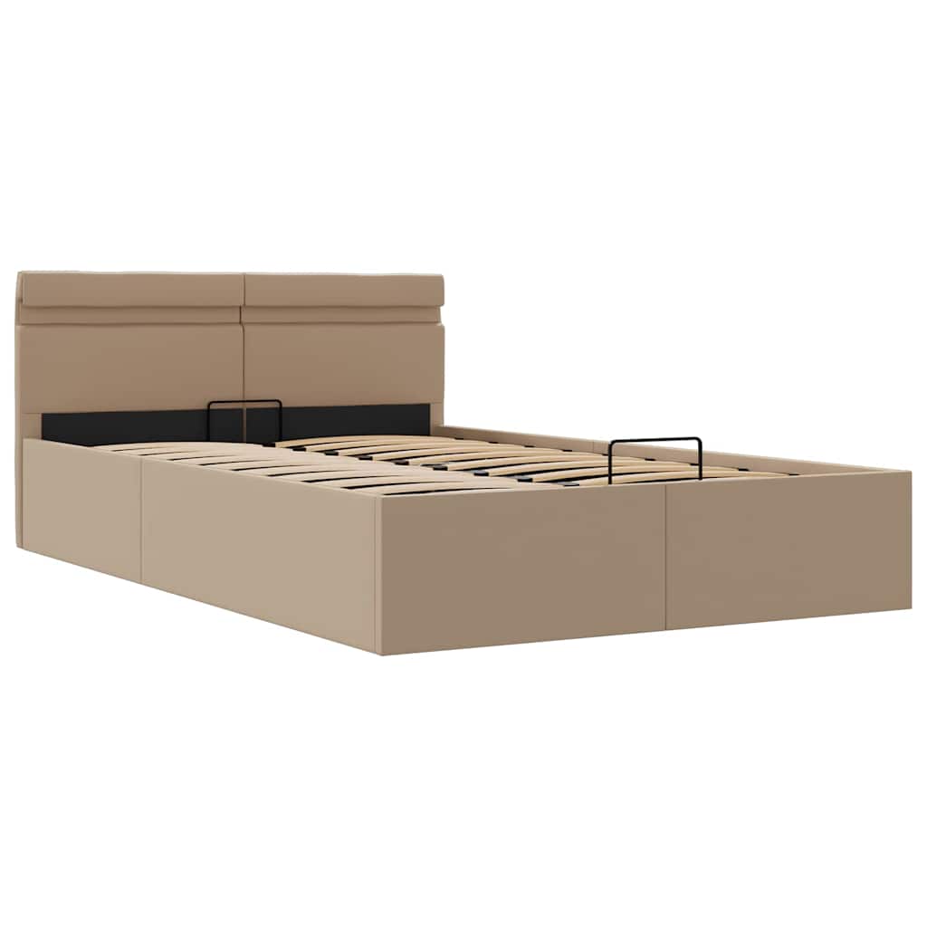 hydraulisk opbevaringsseng LED 140x200 cm kunstlæder cappuccino