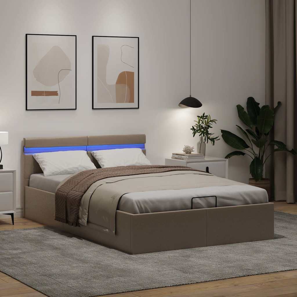 hydraulisk opbevaringsseng LED 140x200 cm kunstlæder cappuccino