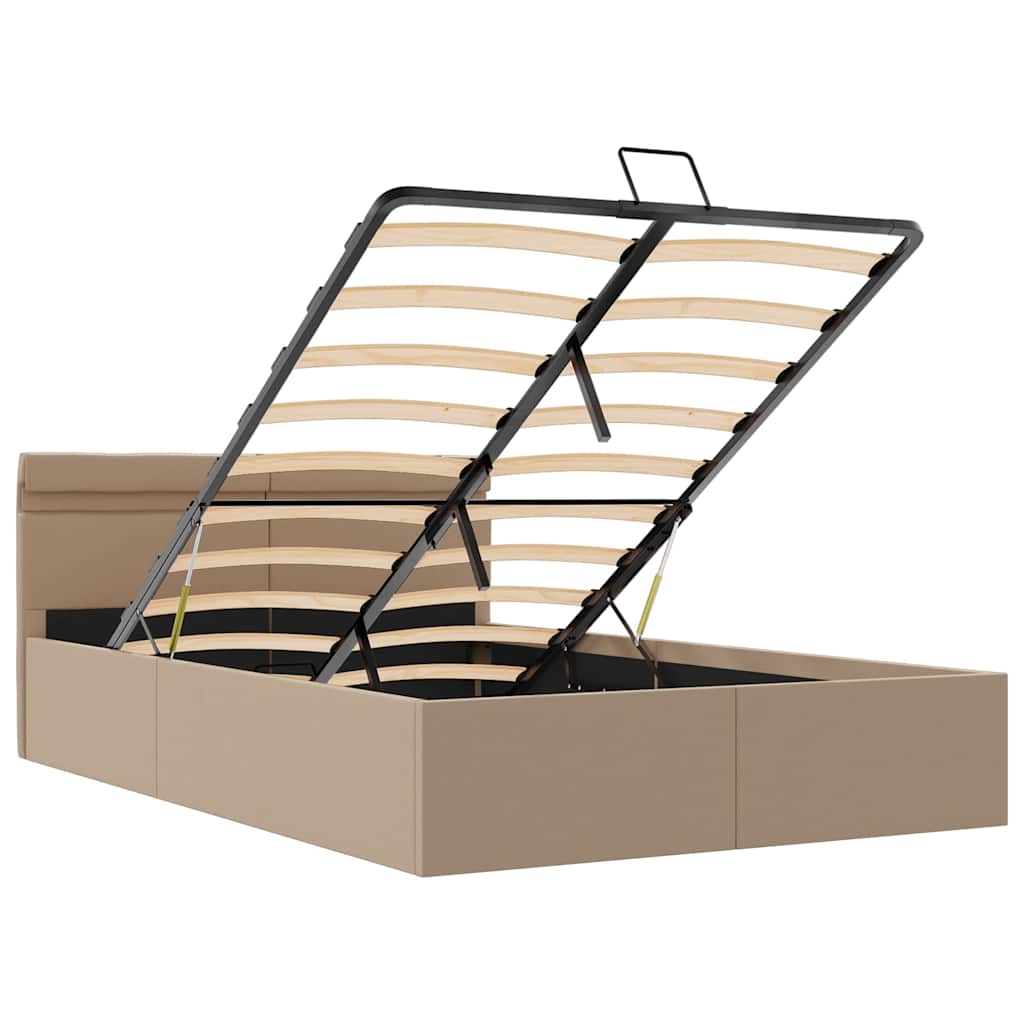 hydraulisk opbevaringsseng LED 140x200 cm kunstlæder cappuccino