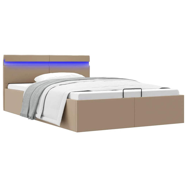 hydraulisk opbevaringsseng LED 140x200 cm kunstlæder cappuccino