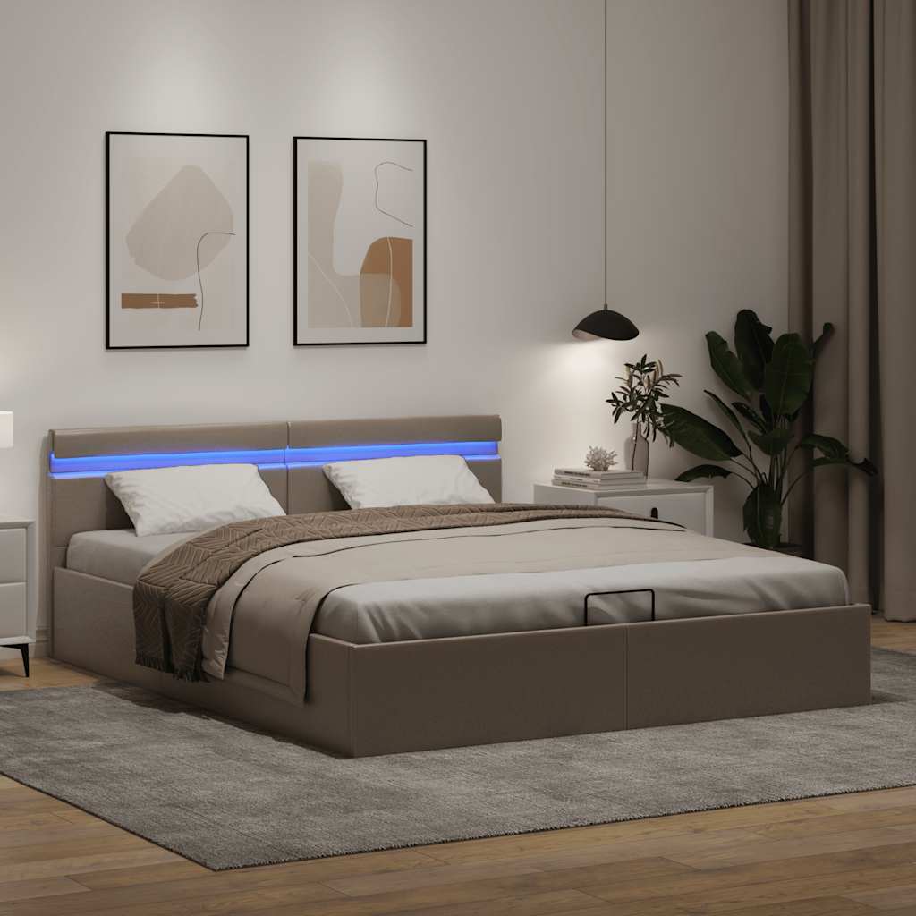 hydraulisk opbevaringsseng LED 160x200 cm kunstlæder cappuccino