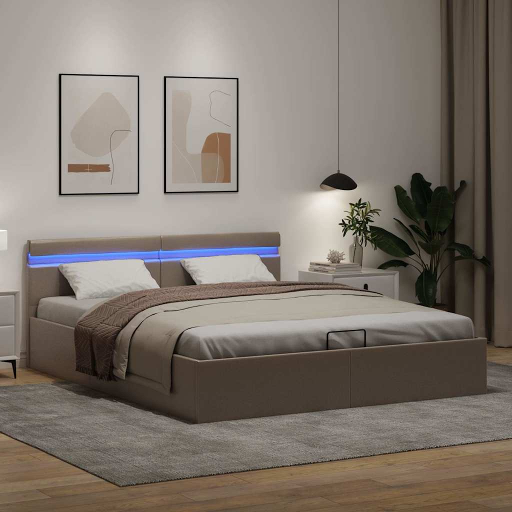 hydraulisk opbevaringsseng LED 180x200 cm kunstlæder cappuccino