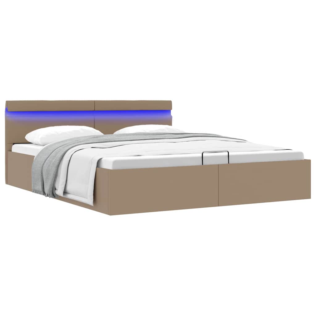 hydraulisk opbevaringsseng LED 180x200 cm kunstlæder cappuccino