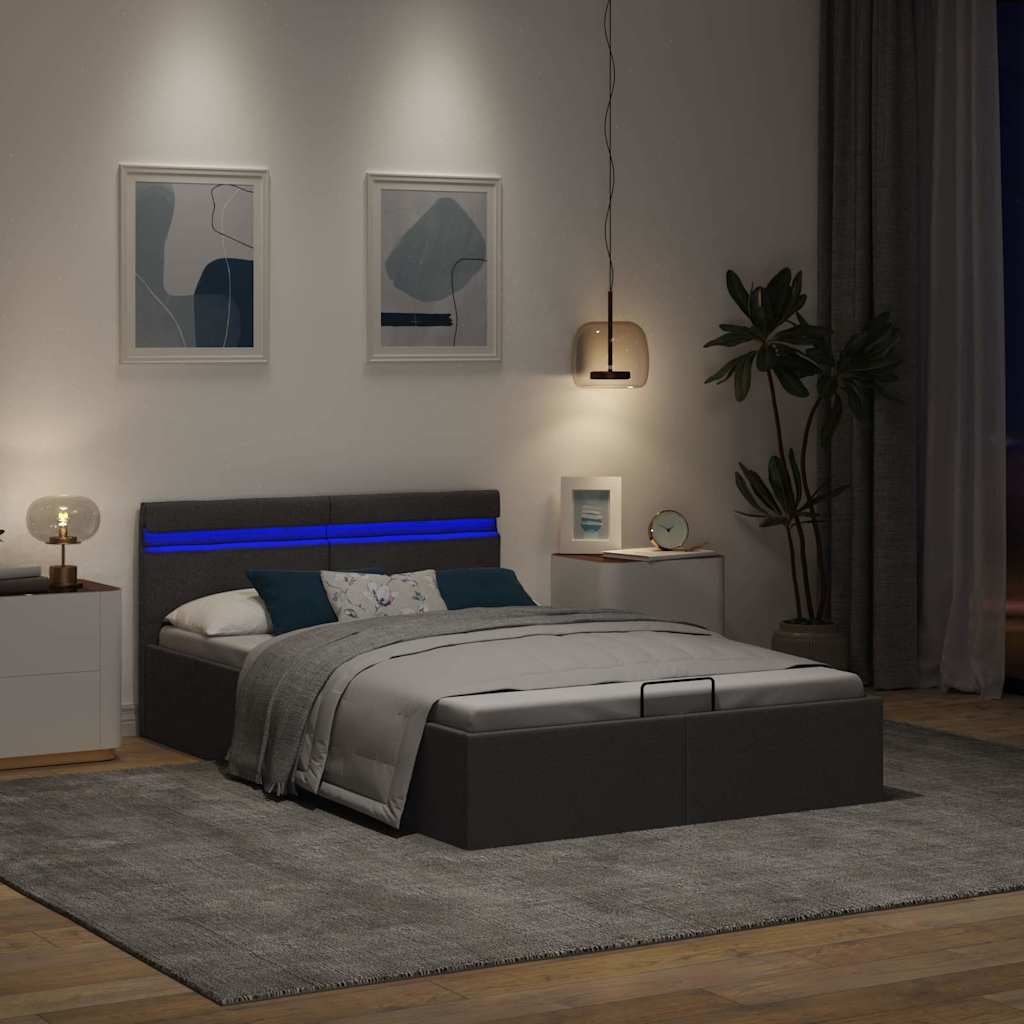 hydraulisk opbevaringsseng med LED 120x200 cm stof mørkegrå