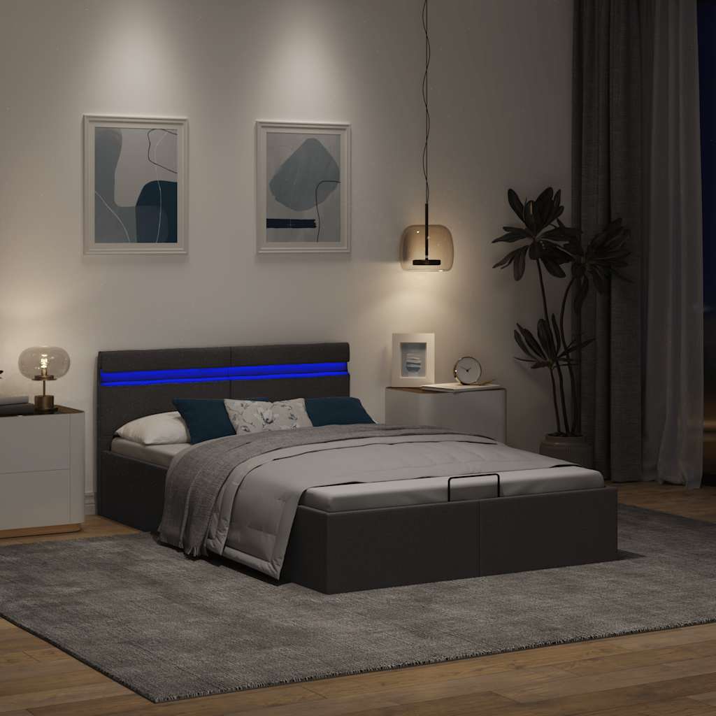 hydraulisk opbevaringsseng med LED 140x200 cm stof mørkegrå