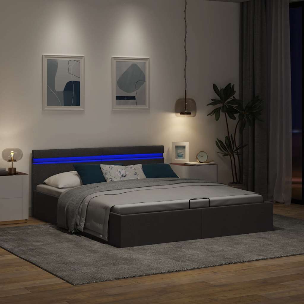 hydraulisk opbevaringsseng med LED 160x200 cm stof mørkegrå