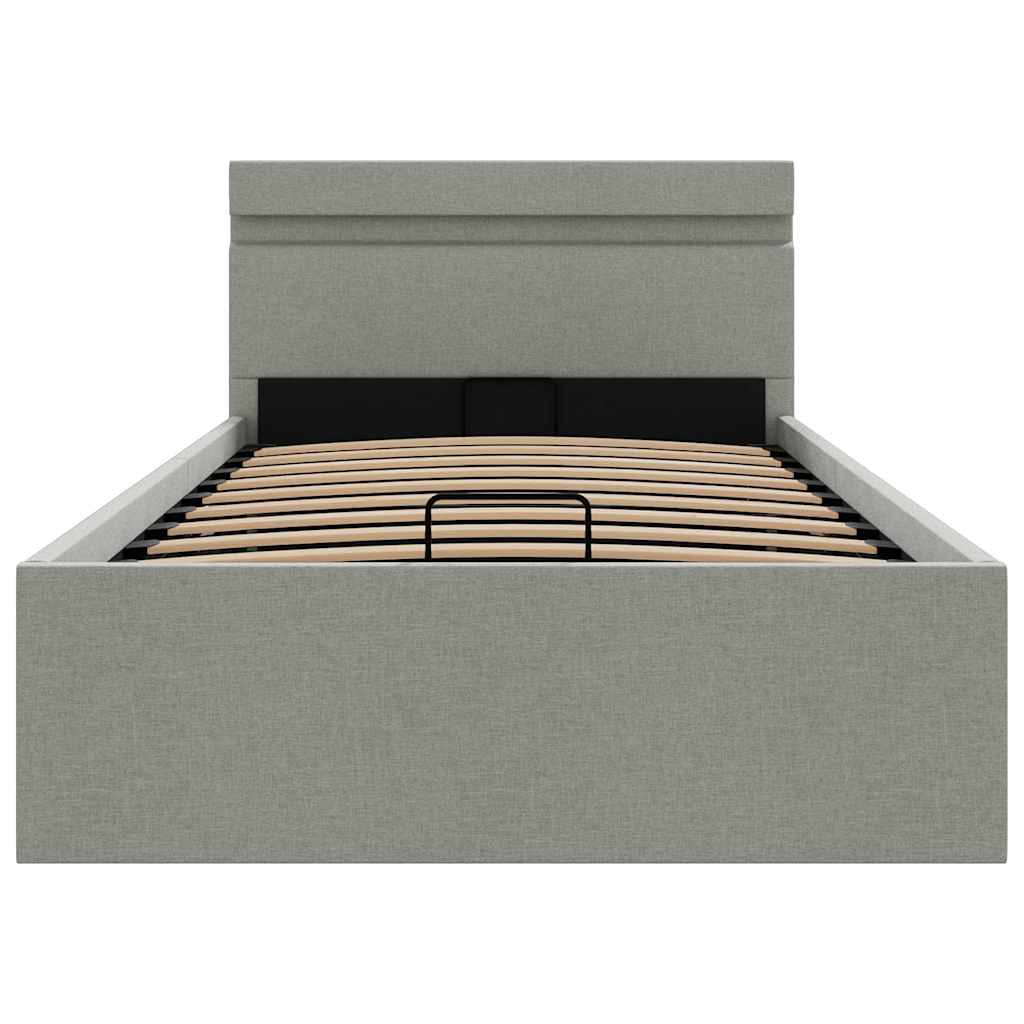 hydraulisk opbevaringsseng med LED 100x200 cm stof lysegrå