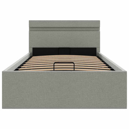 hydraulisk opbevaringsseng med LED 100x200 cm stof lysegrå