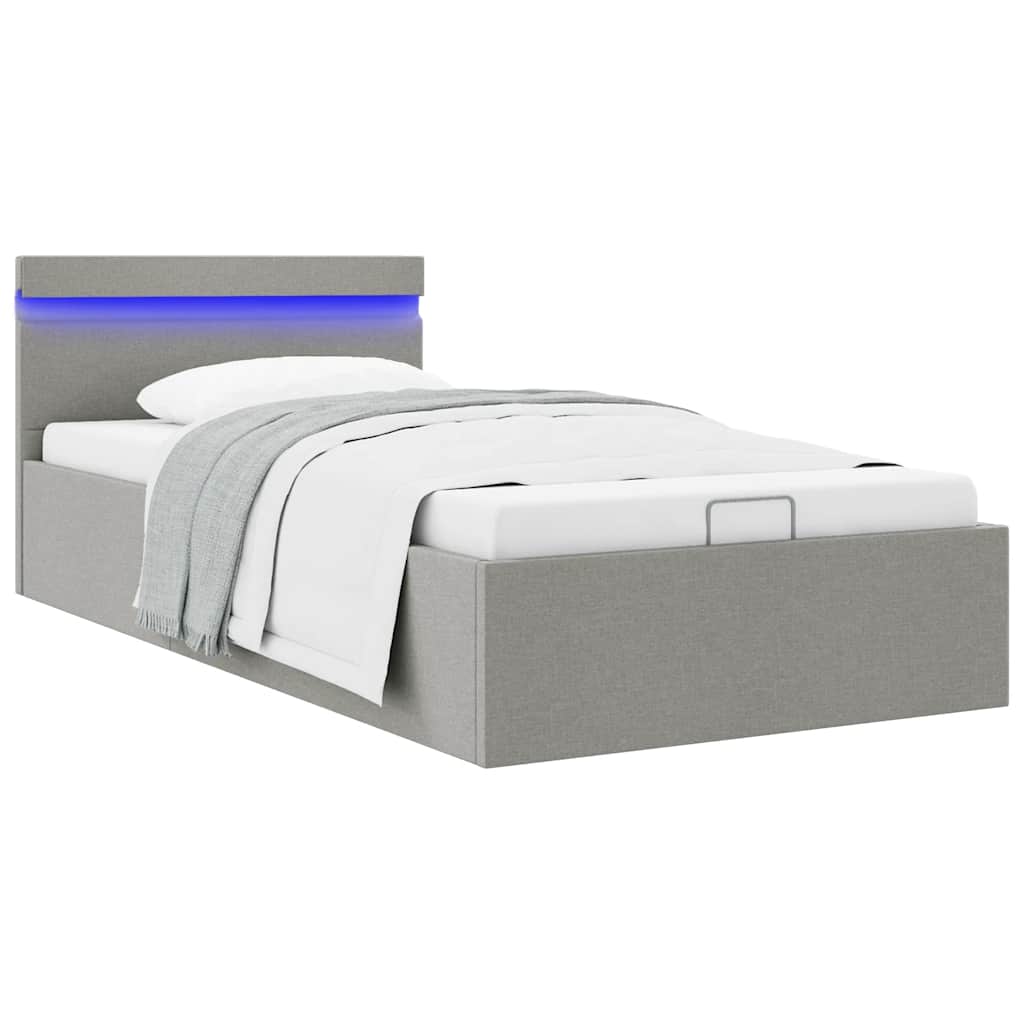 hydraulisk opbevaringsseng med LED 100x200 cm stof lysegrå