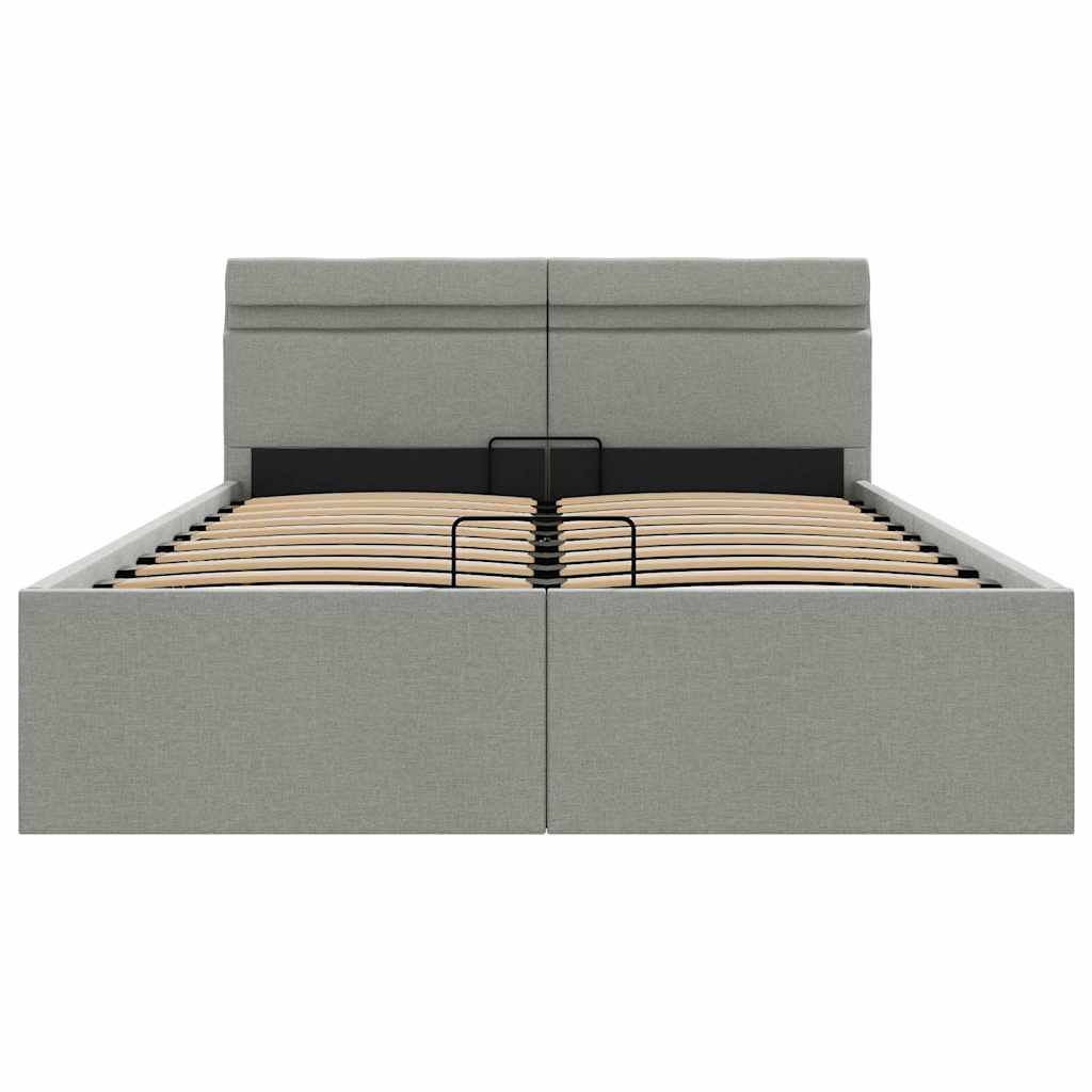 hydraulisk opbevaringsseng med LED 120x200 cm stof lysegrå