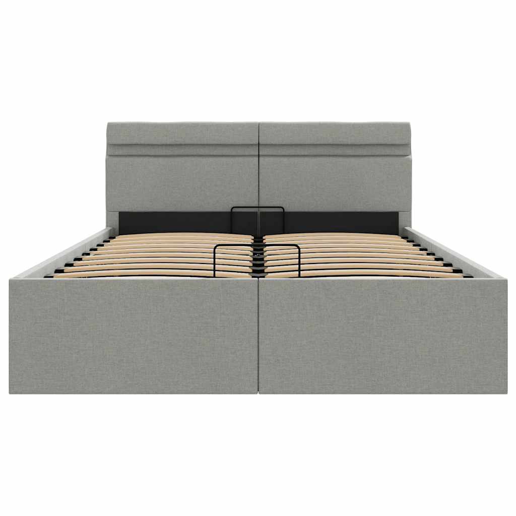 hydraulisk opbevaringsseng med LED 140x200 cm stof lysegrå