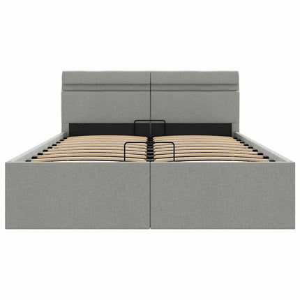 hydraulisk opbevaringsseng med LED 140x200 cm stof lysegrå